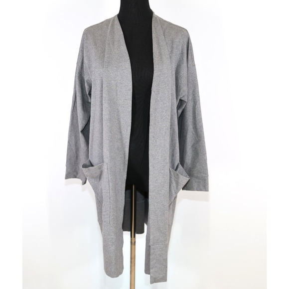 A6 NWoT Auth EILEEN FISHER Gray Cotton Open Front Pockets Sweater Cardigan Sz L - Picture 2 of 6